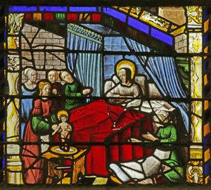 Vidriera que representa el Nacimiento de San Nicolás de French School